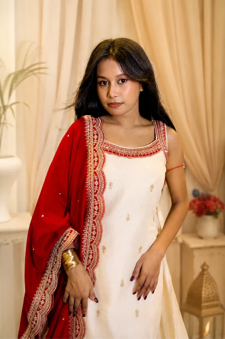 Embroidered Sharara Suit Set White &