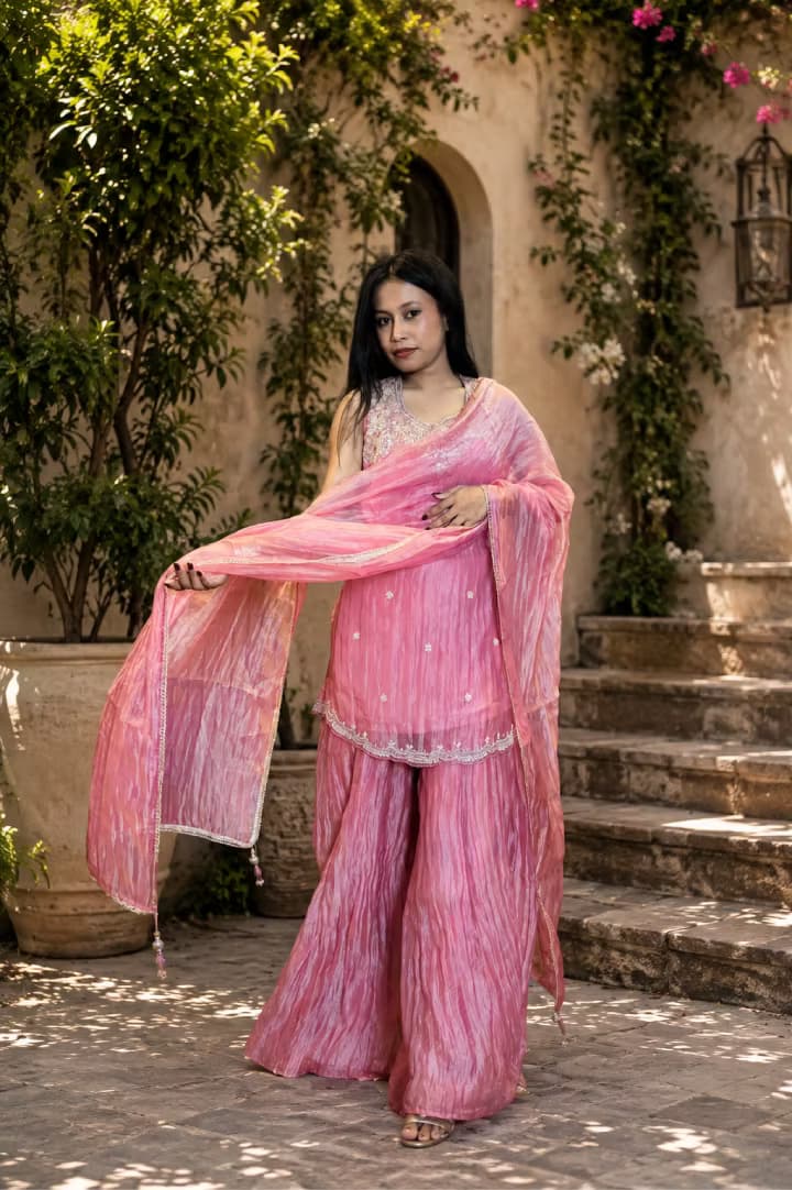 Premium Pink Embroidered Sharara Suit Set
