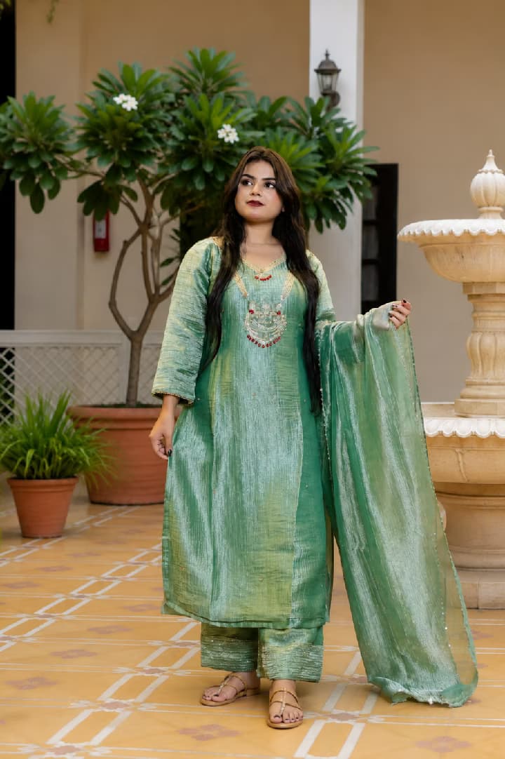 Mint Green Embroidered Straight Kurta Pant Set