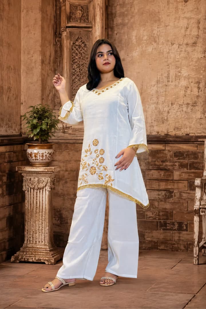 White Embroidered Palazzo Set with Golden Detailing