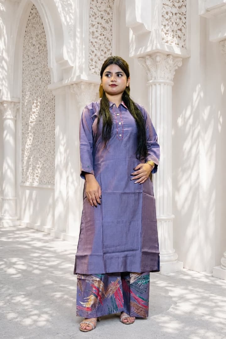 Lavender Straight Kurta with Printed Palazzo Set