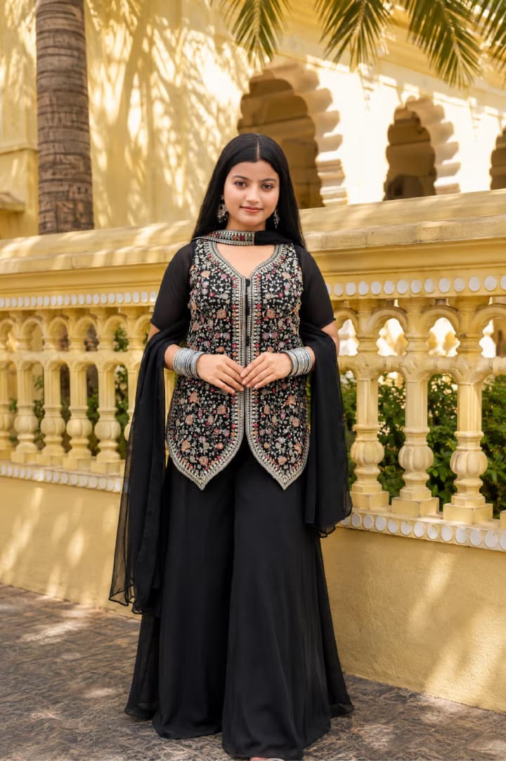 Black Embroidered Layered Kurta Palazzo Set