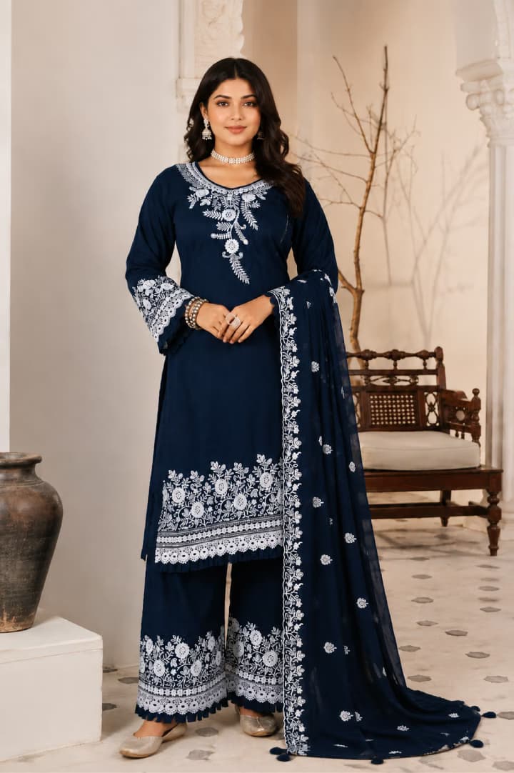 Navy Blue Embroidered Kurta Palazzo Set