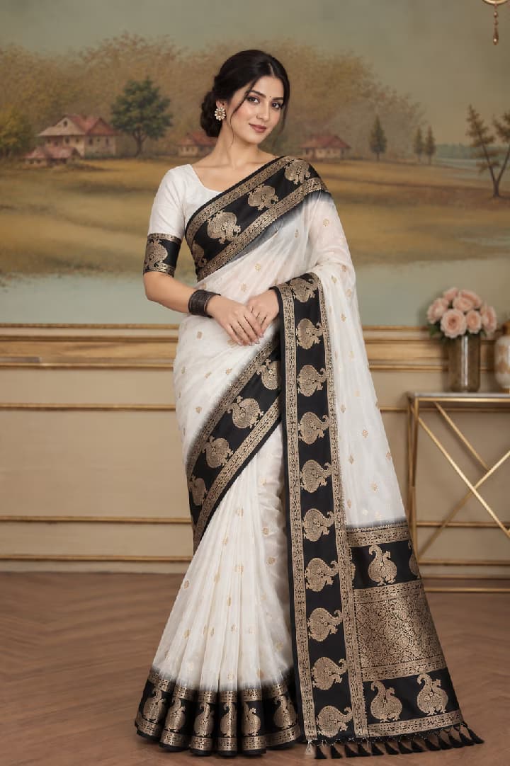 White & Black Traditional Printed Saree with Golden Border